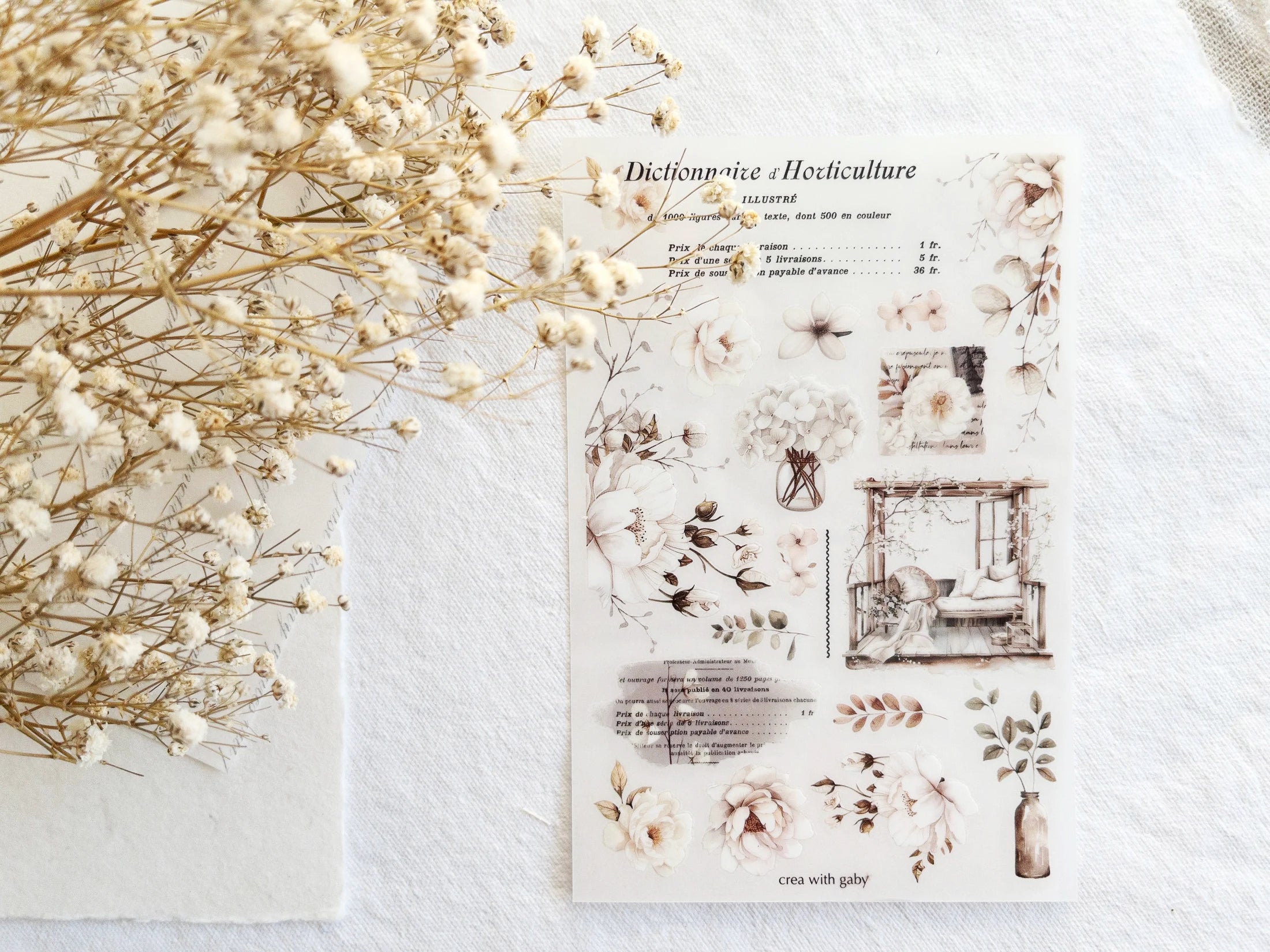 Sheet of cozy floral illustrations on a textured surface with dried flowers.