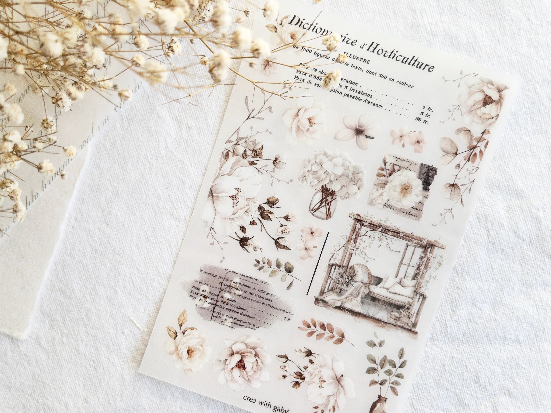 Sheet of cozy floral illustrations on a textured surface with dried flowers.
