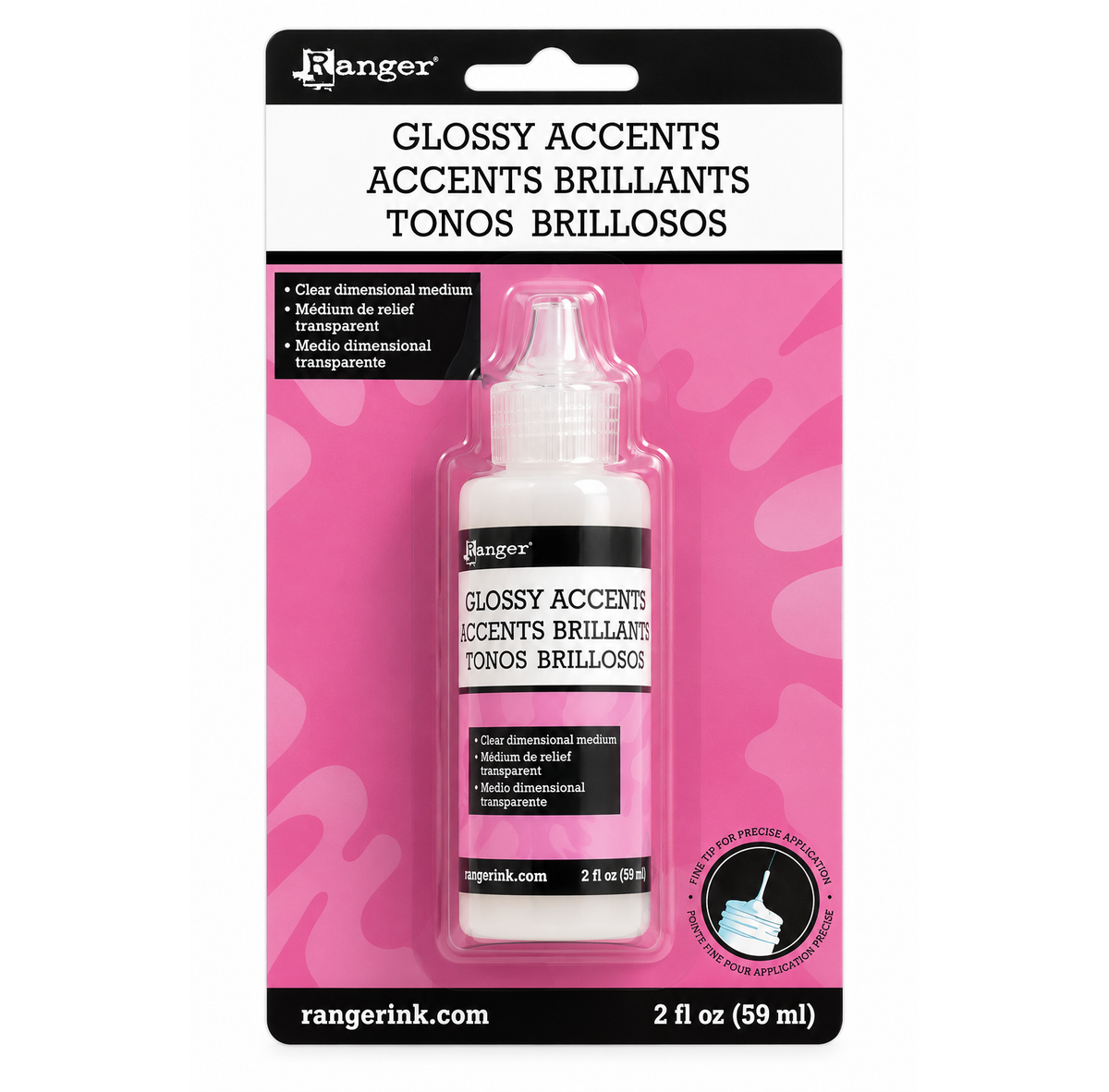 Ranger Glossy Accent Ink bottle in its original retail blister packaging, featuring a white bottle with a black cap and a pink backing card.
