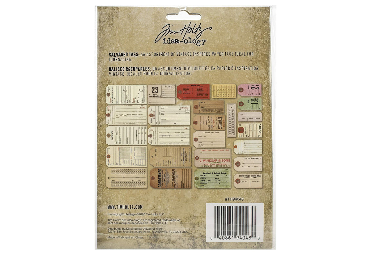 Back of a Tim Holtz Idea-Ology journaling scrapbook set featuring salvaged vintage paper tags.