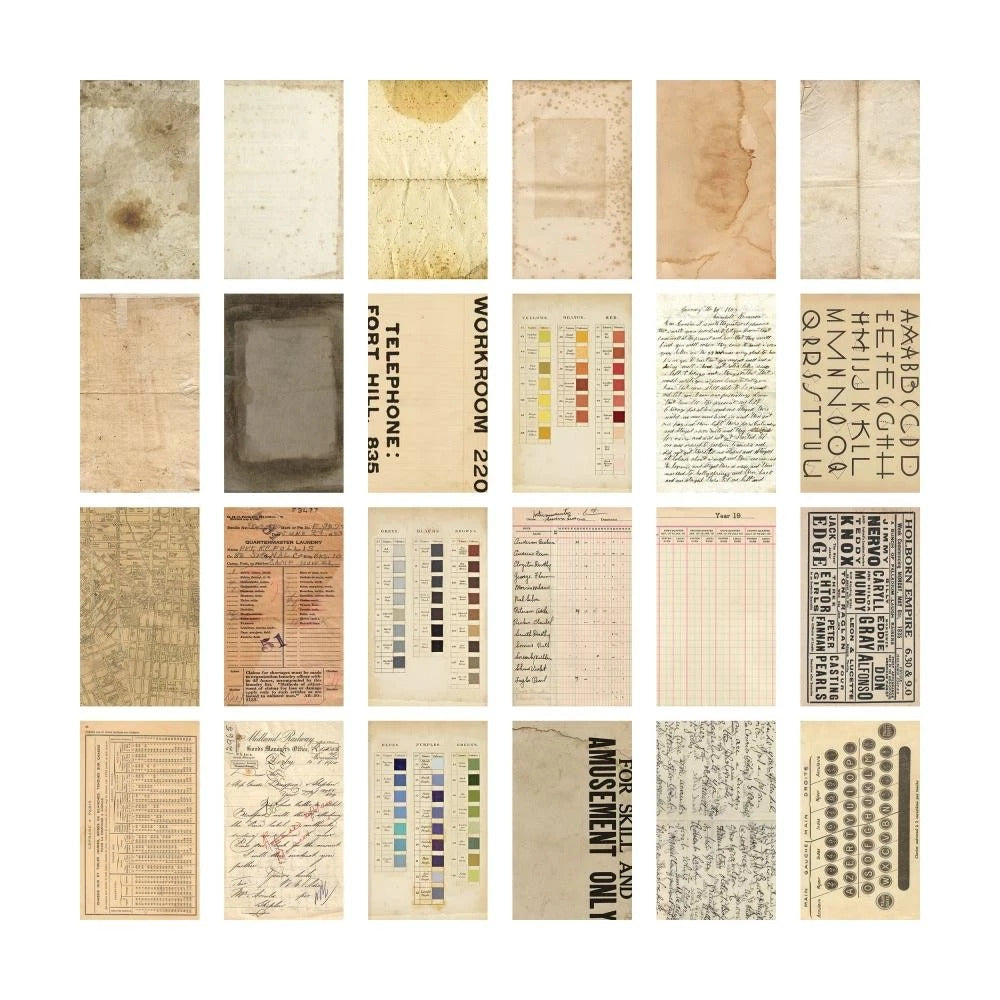 A grid of aged paper sample views showing various vintage sheets included in the paper pack.