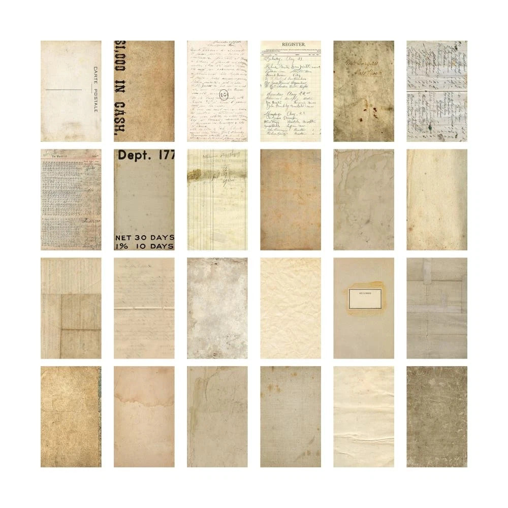 Collection of vintage paper with different textures and writings on a white background