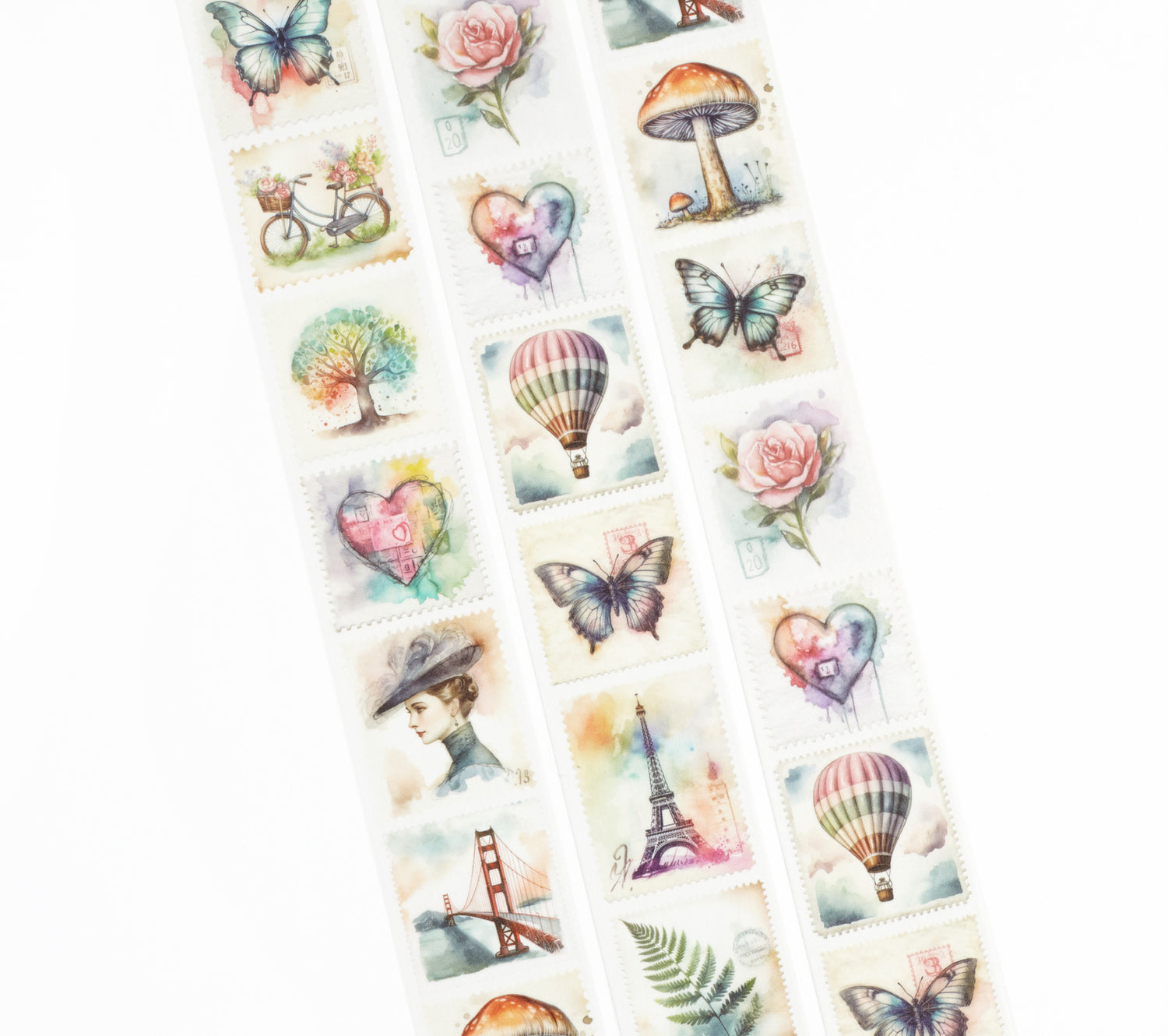 Colorful watercolor designs on little stamps washi tape