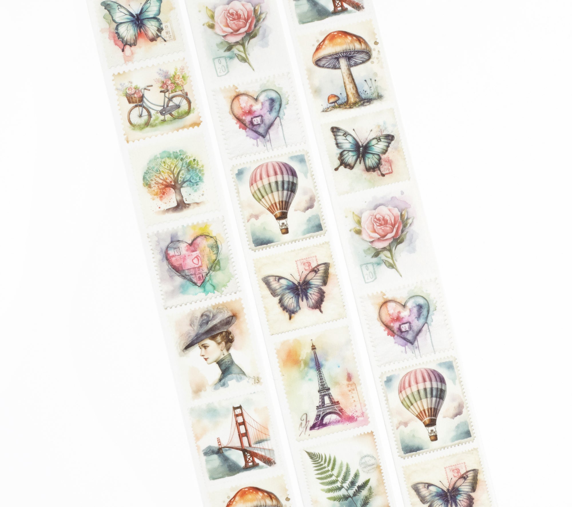 Colorful watercolor designs on little stamps washi tape