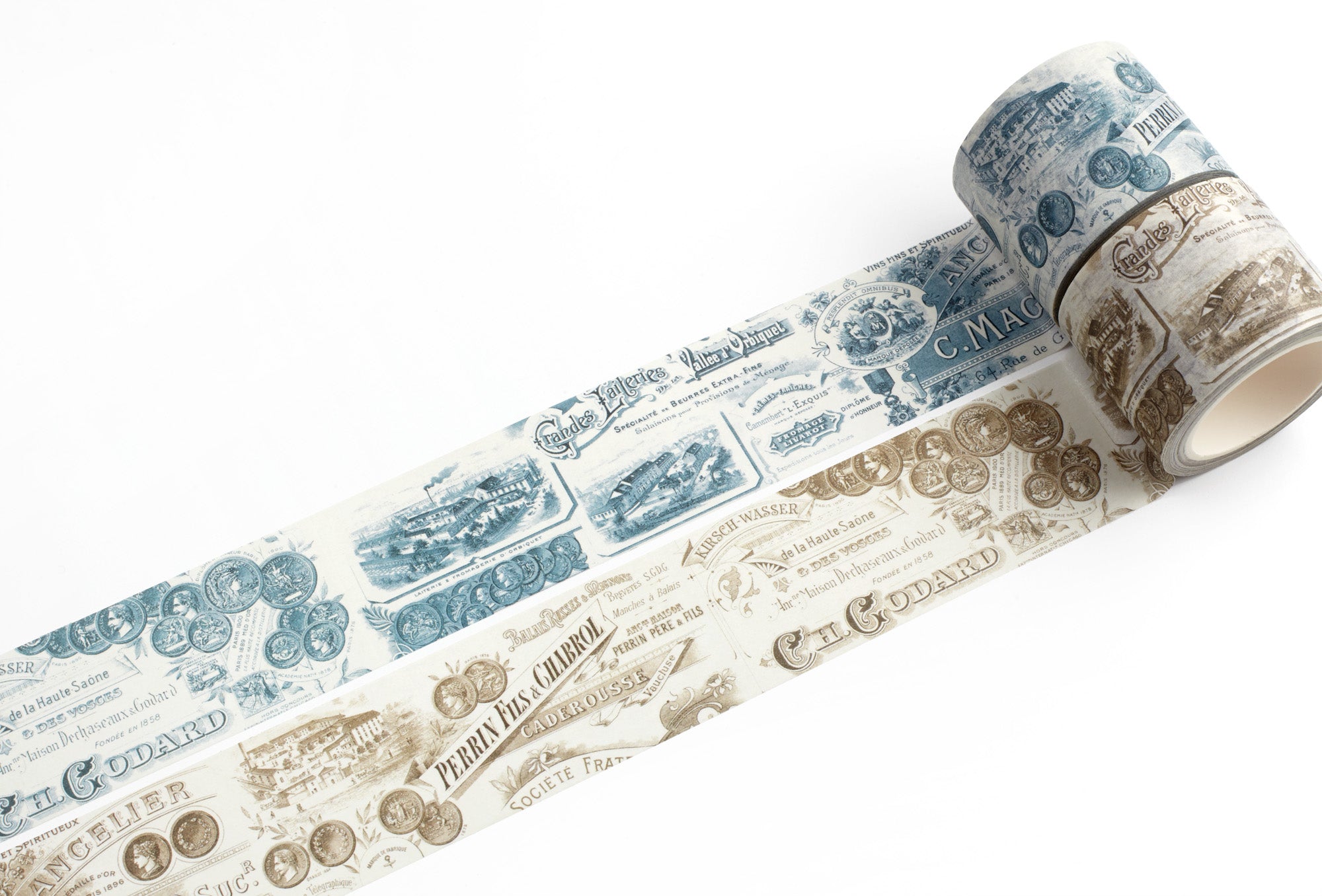 Two rolls of decorative tape with vintage-style French letterhead designs on a white background