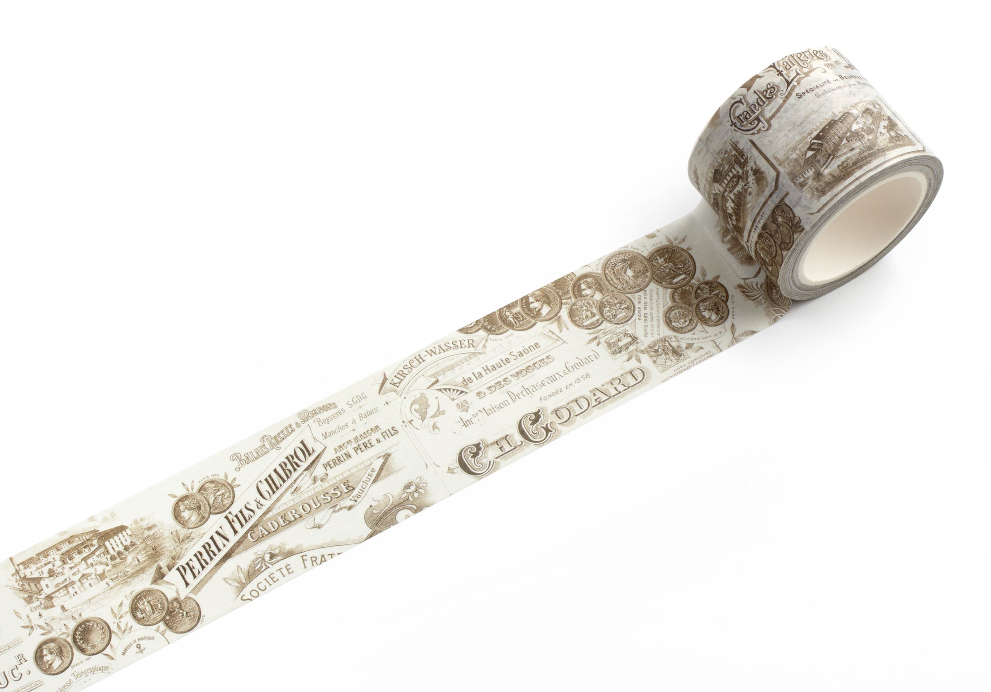 Roll of decorative tape with brown and beige French letterhead design on a white background