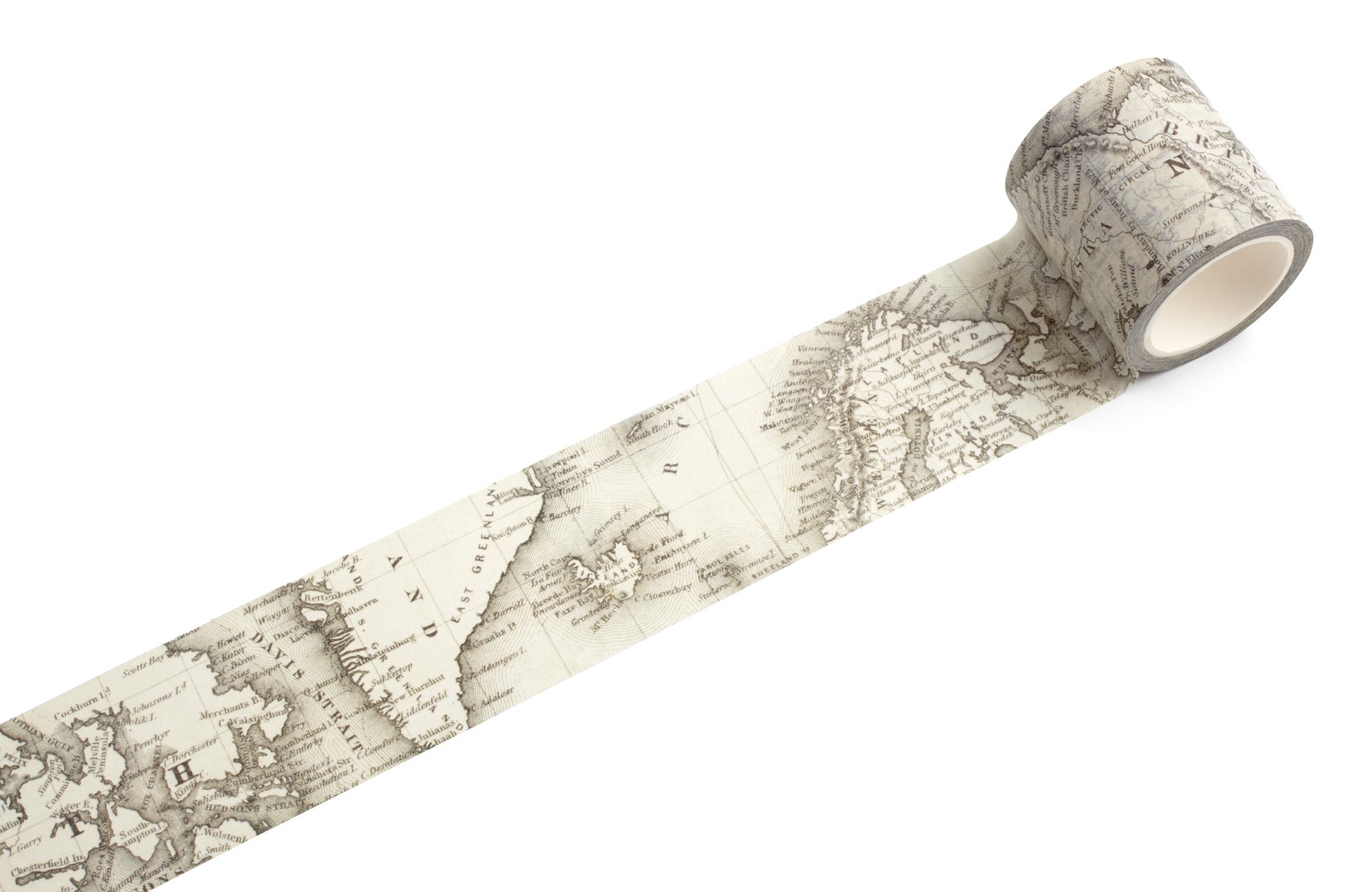 Roll of decorative tape with world map design on a white background
