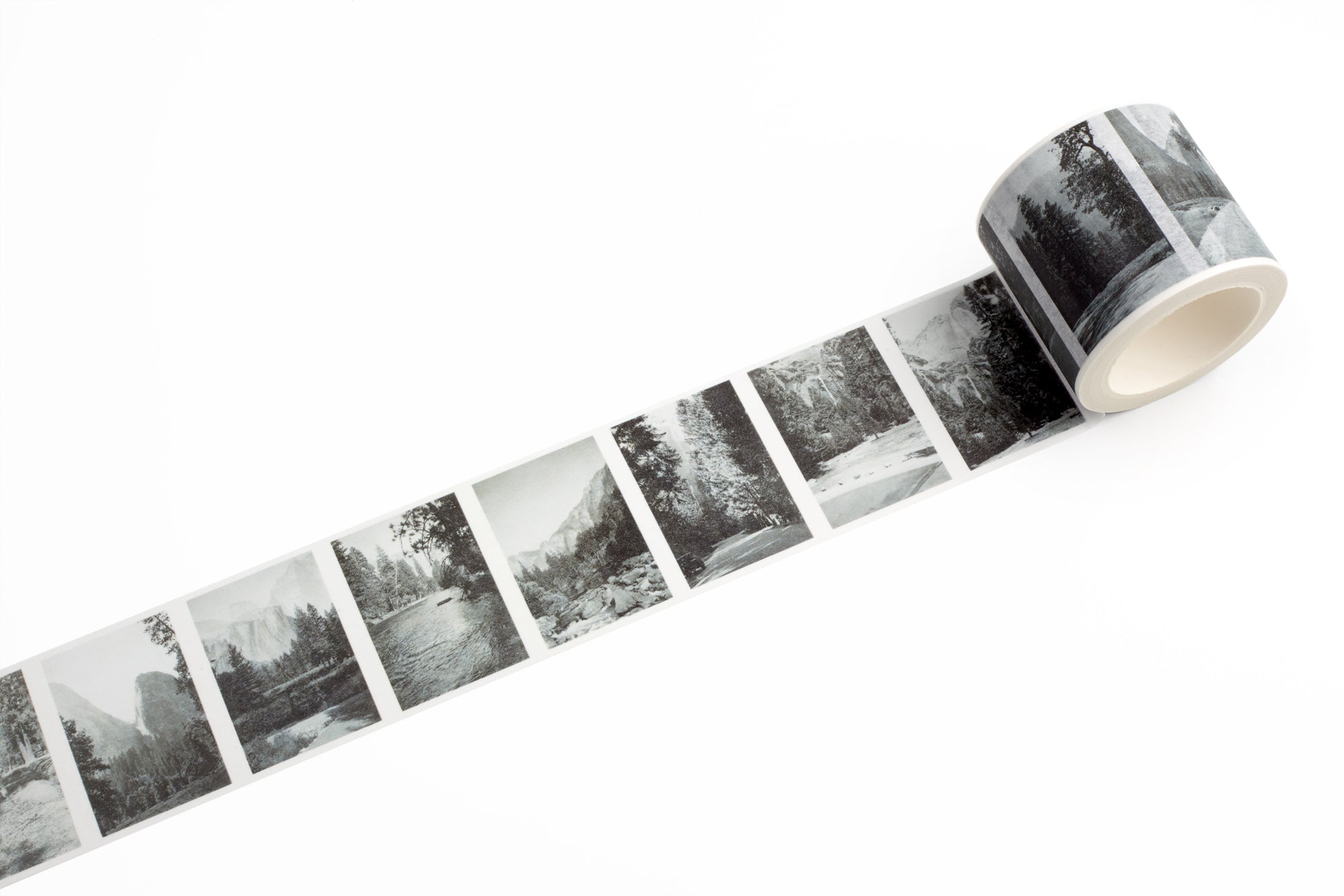 Roll of tape with black and white landscape images from Yosemite on a white background