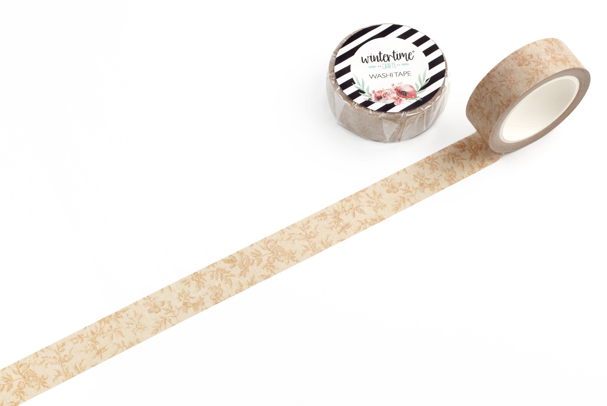 Decorative tape with a beige pattern and a roll of tape with a black and white Wintertime Crafts logo label on a white background.