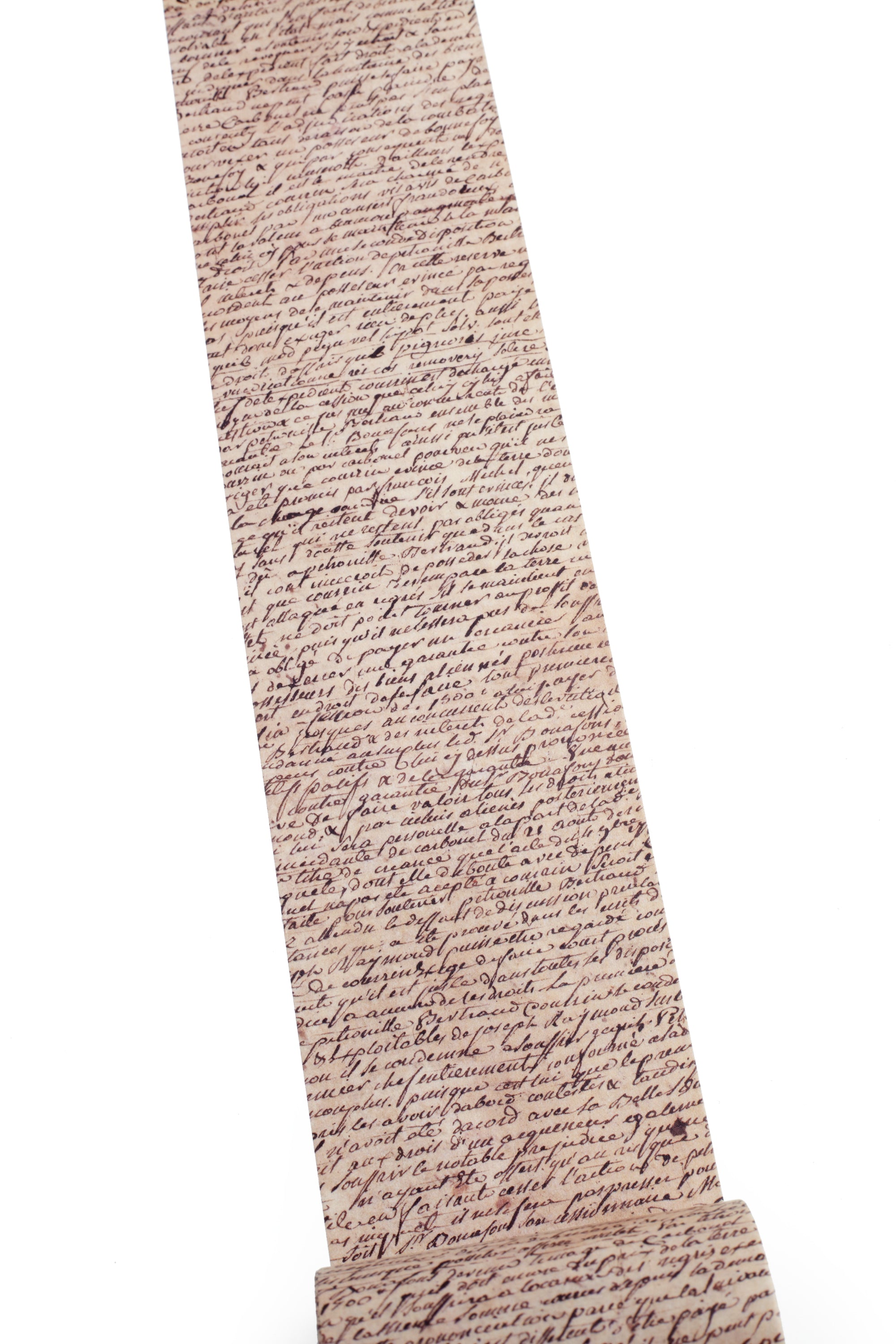 A brown washi tape printed with a dense, cursive script pattern resembling vintage handwriting, shown against a plain white background.