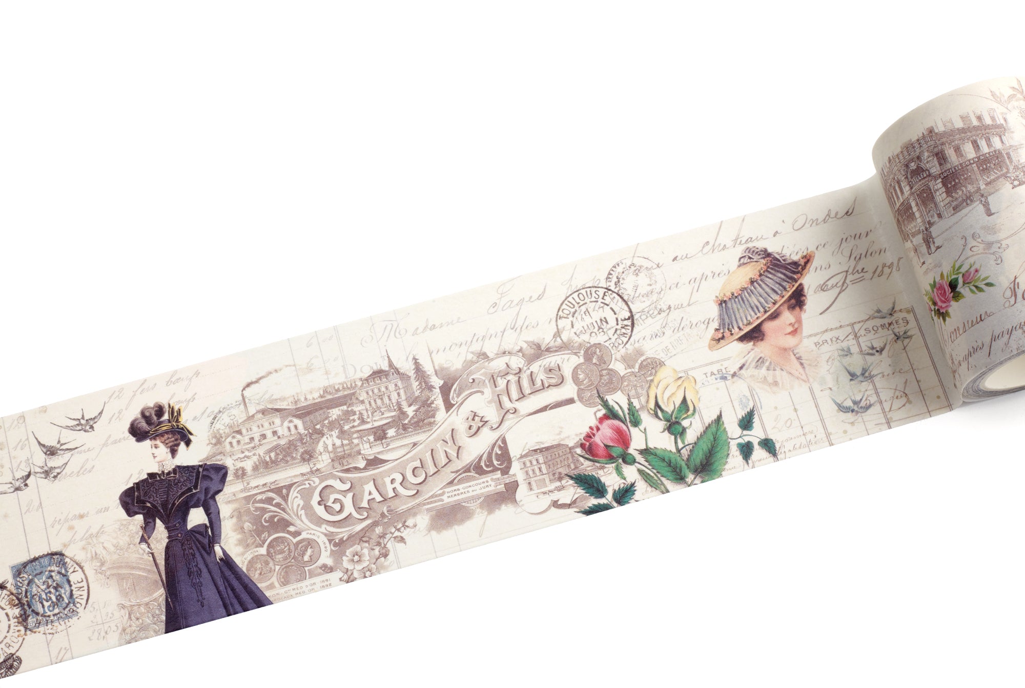 A roll of vintage-style washi tape featuring sepia-toned illustrations of Edwardian women in old dresses, script text, floral accents, and architectural sketches on a white background.