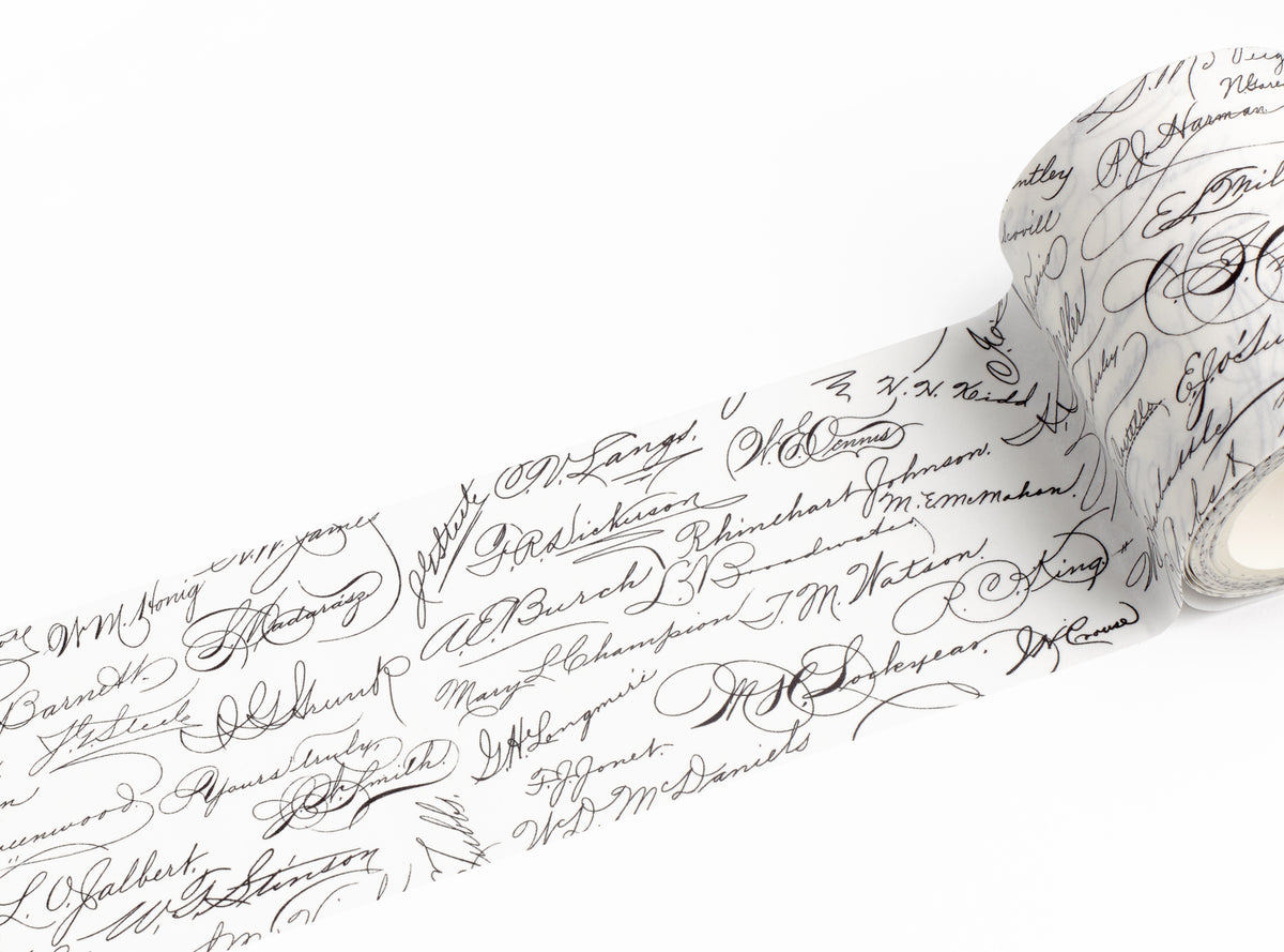 A roll of white adhesive tape printed with elegant black cursive script signatures, shown partially unrolled on a clean white background.
