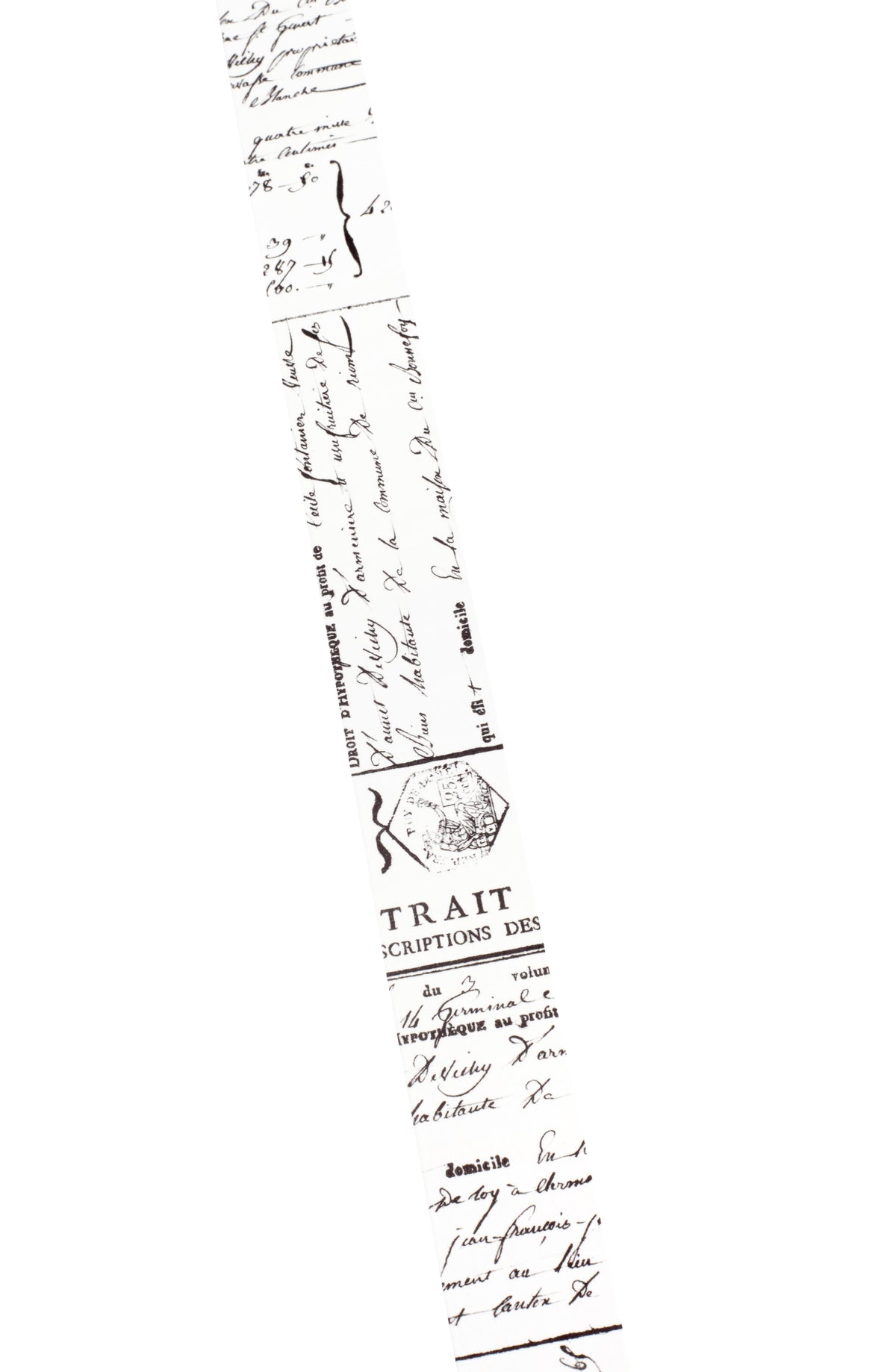 A long, narrow vertical washi tape featuring multiple handwritten French script examples. The design is monochrome, with black ink on a white background.