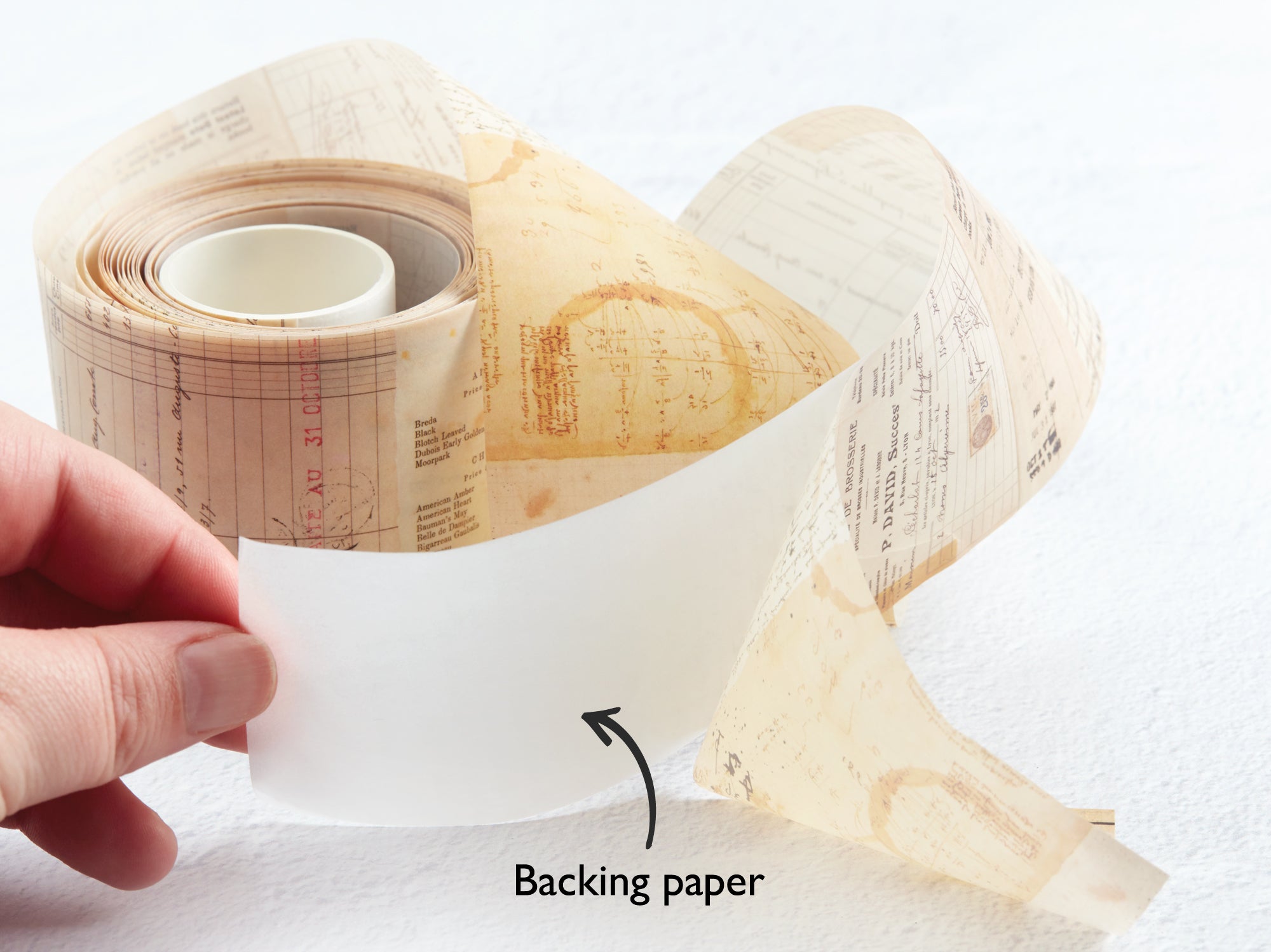 Decorative washi tape roll with backing paper.