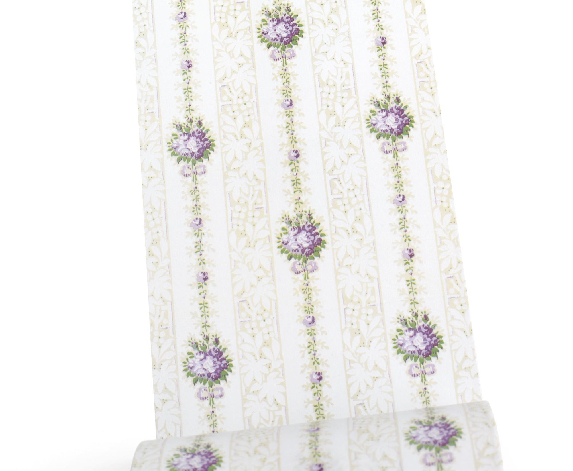 A close-up of an elegant washi tape with vertical stripes and repeating floral motifs in purple, green, and beige, shown against a white background.