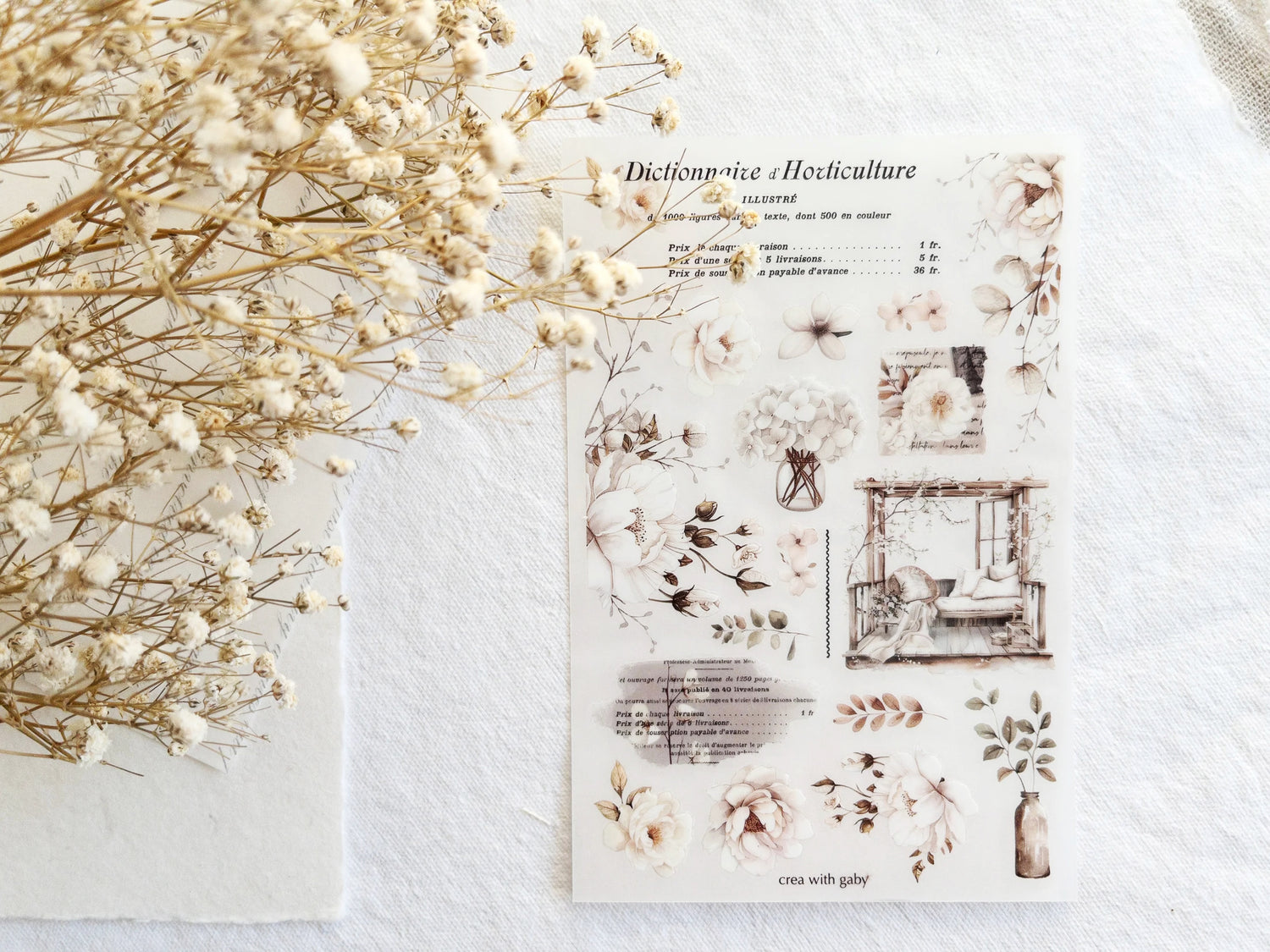 Sheet of cozy floral illustrations on a textured surface with dried flowers.