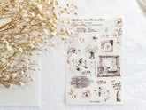 Sheet of cozy floral illustrations on a textured surface with dried flowers.