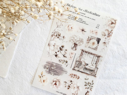 Sheet of cozy floral illustrations on a textured surface with dried flowers.