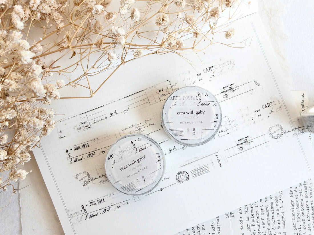 Two rolls of washi tape from the brand Crea With Gaby on light background with dried flowers