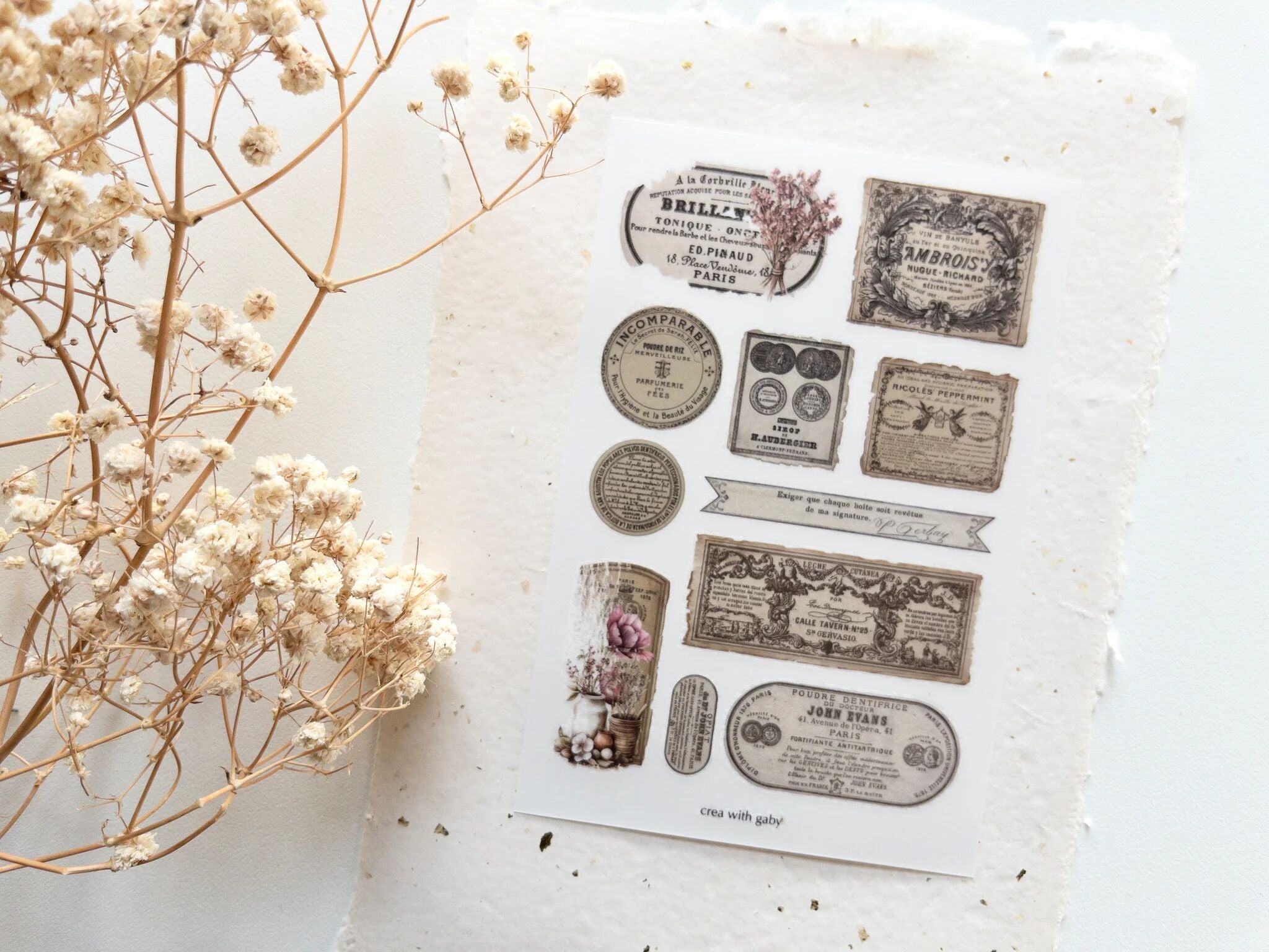 Sheet of vintage-style stickers with text and graphics on a textured surface with dried flowers.