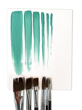 Six paintbrushes with silver and black handles are lined up below a white sheet of paper showing six vertical swatches of teal-green paint in different brush stroke widths.