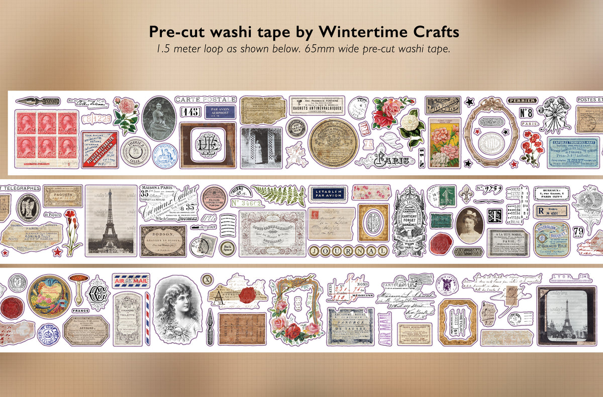 Preview of pre-cut stickers included with the French Ephemera washi tape.