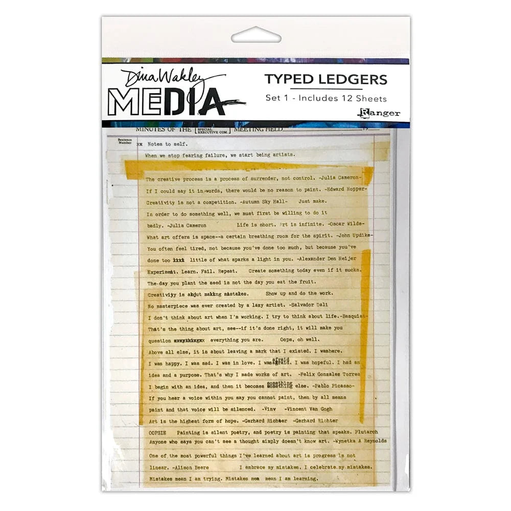 Diana Wiklay Media Typed Ledgers Set 1, containing 12 sheets of typewriter-style letter writing paper with a yellowed vintage paper insert, packaged in a clear plastic sleeve.