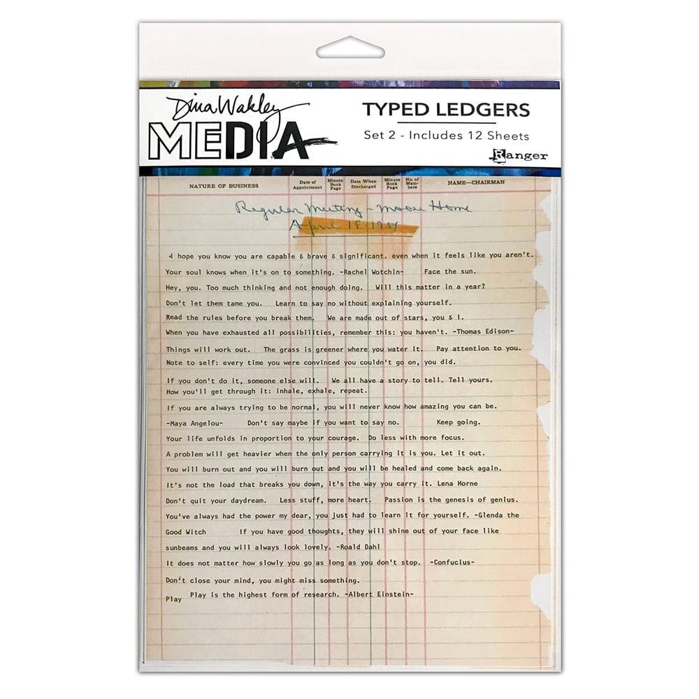 A package of Dina Wakley Media Typed Ledgers Set 2 by Ranger, containing 12 sheets of lined ledgers with pre-printed headers and text.