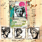 Mixed-media collage art print featuring classical Greek statue busts, handwritten text, ink sketches, and layered paper textures in beige, black, green, pink, and teal tones.