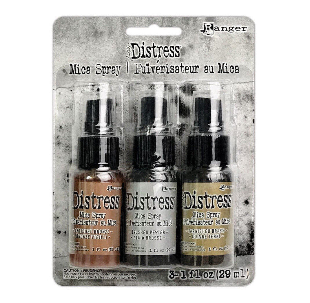 Ranger Distress Mica Spray set in packaging, containing three small bottles with black caps and labels.