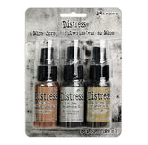 Ranger Distress Mica Spray set in packaging, containing three small bottles with black caps and labels.