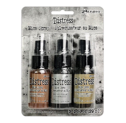 Ranger Distress Mica Spray set in packaging, containing three small bottles with black caps and labels.