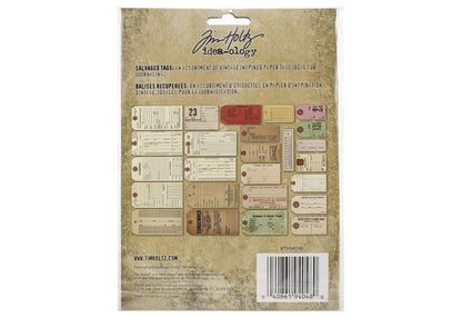 Back of a Tim Holtz Idea-Ology journaling scrapbook set featuring salvaged vintage paper tags.