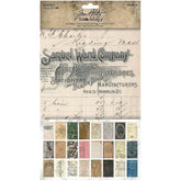 Tim Holtz Ideaology Backdrops Volume 1 double-sided craft paper package, featuring vintage lettering, envelopes, and a grid of 24 different paper pattern swatches.