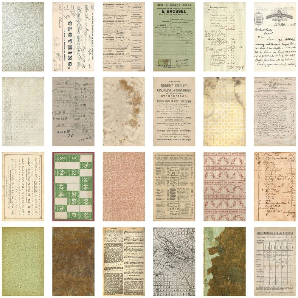 Collage of various vintage documents and printed materials.