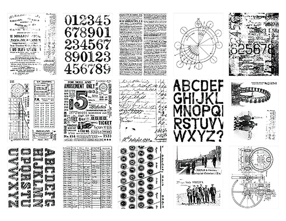 Collection of vintage-style text and number papers on a white background