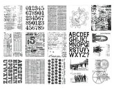 Collection of vintage-style text and number papers on a white background