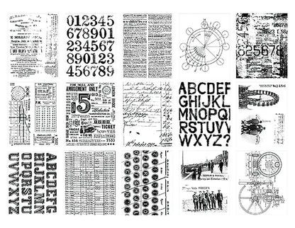 Collection of vintage-style text and number papers on a white background