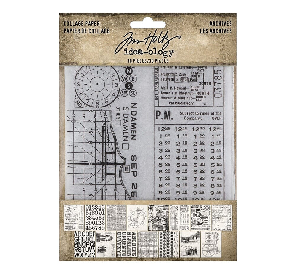 Tim Holtz Idea-ology Collage Paper pack featuring vintage-style document designs including a clock face, calendar page, newspaper clippings, and handwritten text labels.