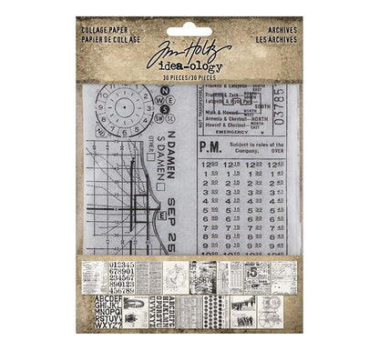 Tim Holtz Idea-ology Collage Paper pack featuring vintage-style document designs including a clock face, calendar page, newspaper clippings, and handwritten text labels.