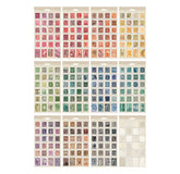 Collection of vintage-style pre-cut postage stamp stickers on different sheets on a white background