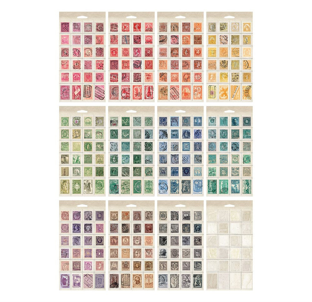Collection of vintage-style pre-cut postage stamp stickers on different sheets on a white background
