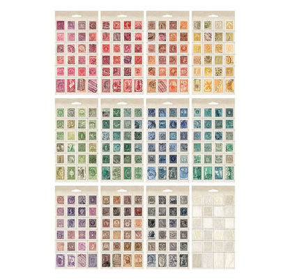 Collection of vintage-style pre-cut postage stamp stickers on different sheets on a white background