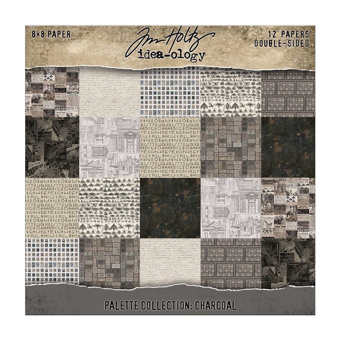 Packaging of Tim Holtz Idea-ology paper pack with charcoal design on a white background