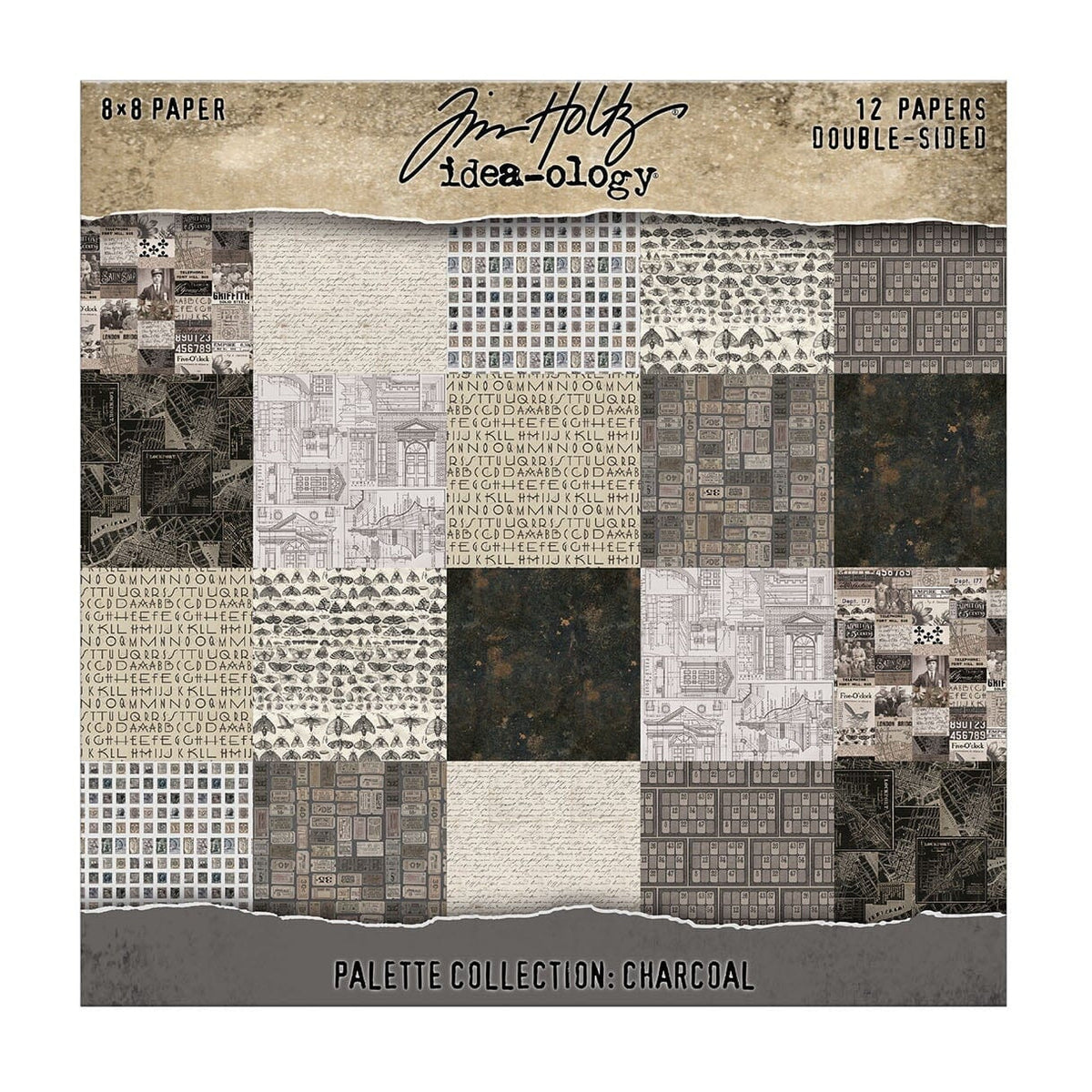 Packaging of Tim Holtz Idea-ology paper pack with charcoal design on a white background