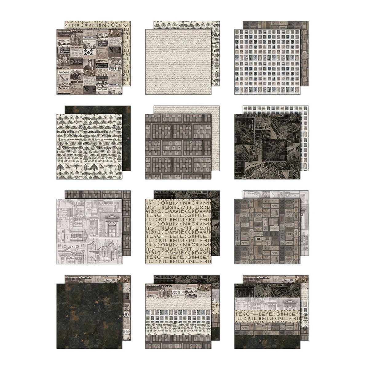 Collection of various patterned papers on a white background