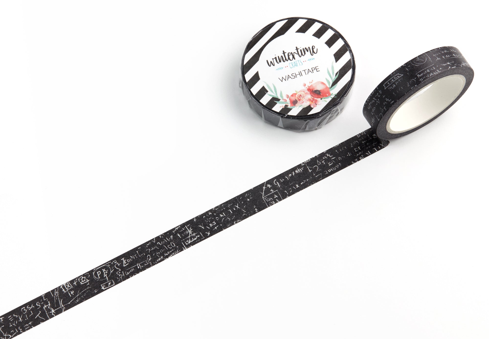 Slim 10mm washi tape with scribbles and handwritten notes on a black background. Exclusive design from Wintertime Crafts.