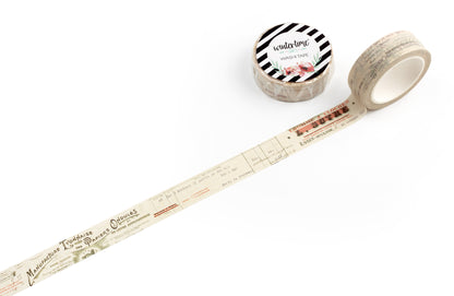 A roll of decorative tape with different French invoice designs on a white background