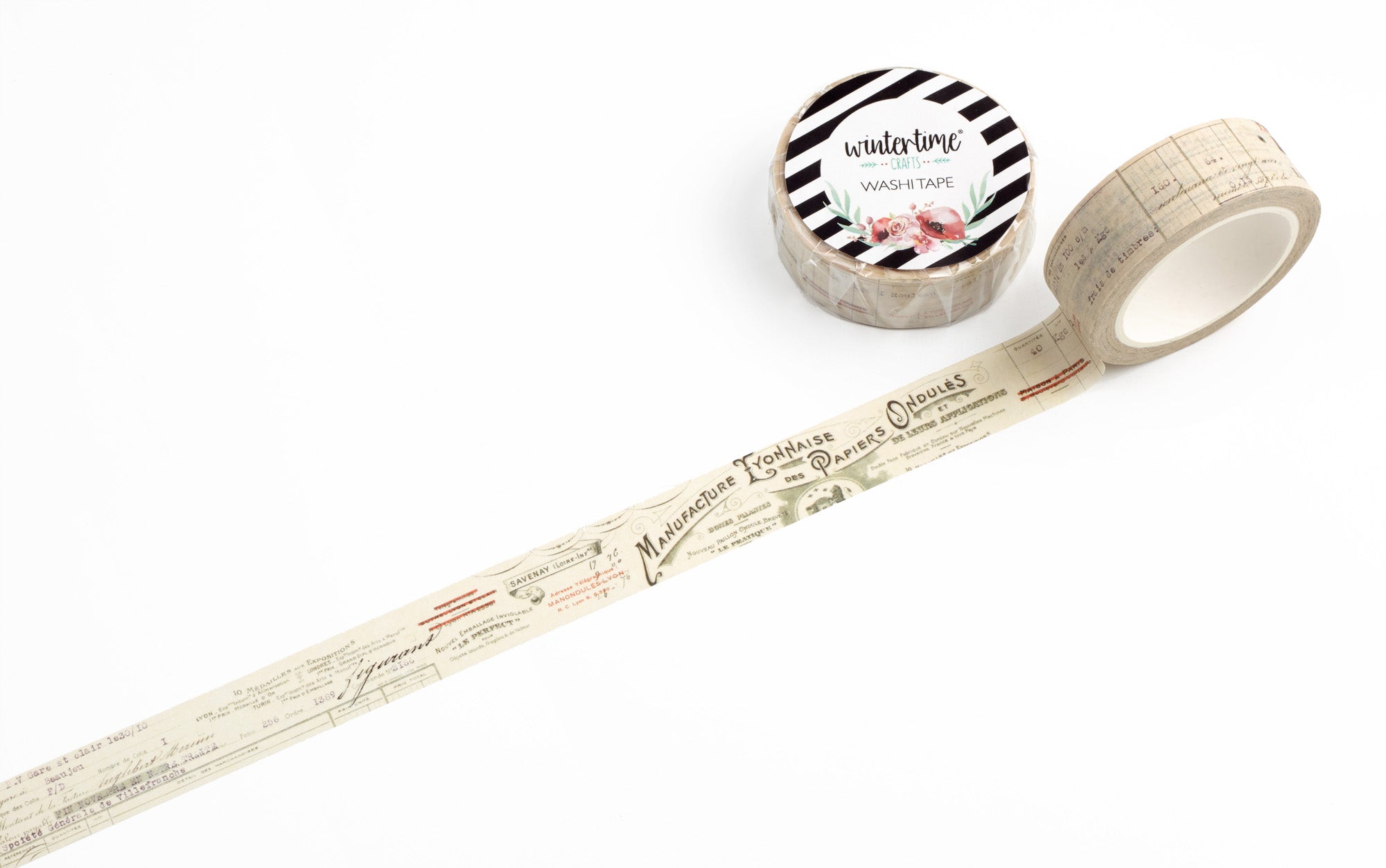 A roll of decorative tape with different French invoice designs on a white background