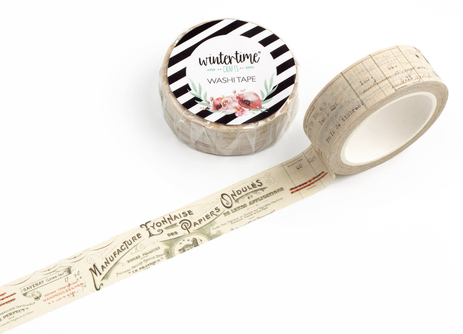 A roll of decorative tape with different French invoice designs on a white background